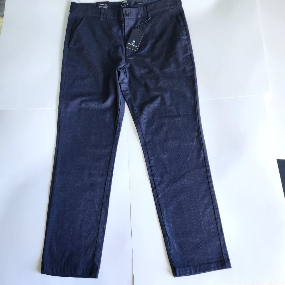 NWT Ben Sherman Men 38x32 Blue Plaid Slim Fit Chino Pants Stretch Golf Casual
